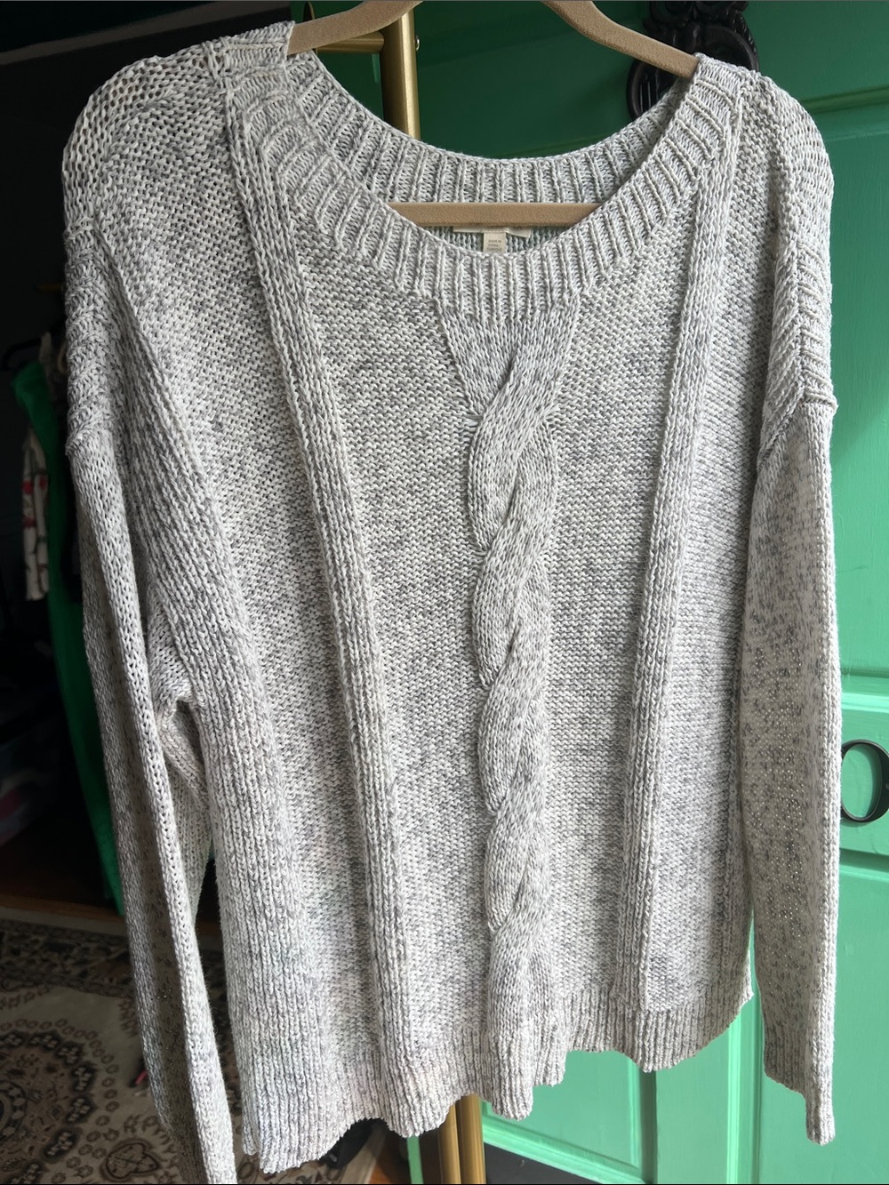 Eileen Fisher Marled Grey Cable Sprayed Cotton Box-Top sweater💕 Size Large